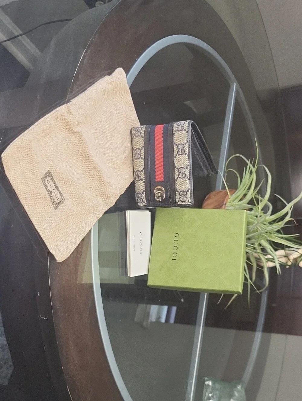 Gucci Beige GG Canvas Card Holder with Navy & Red Stripe